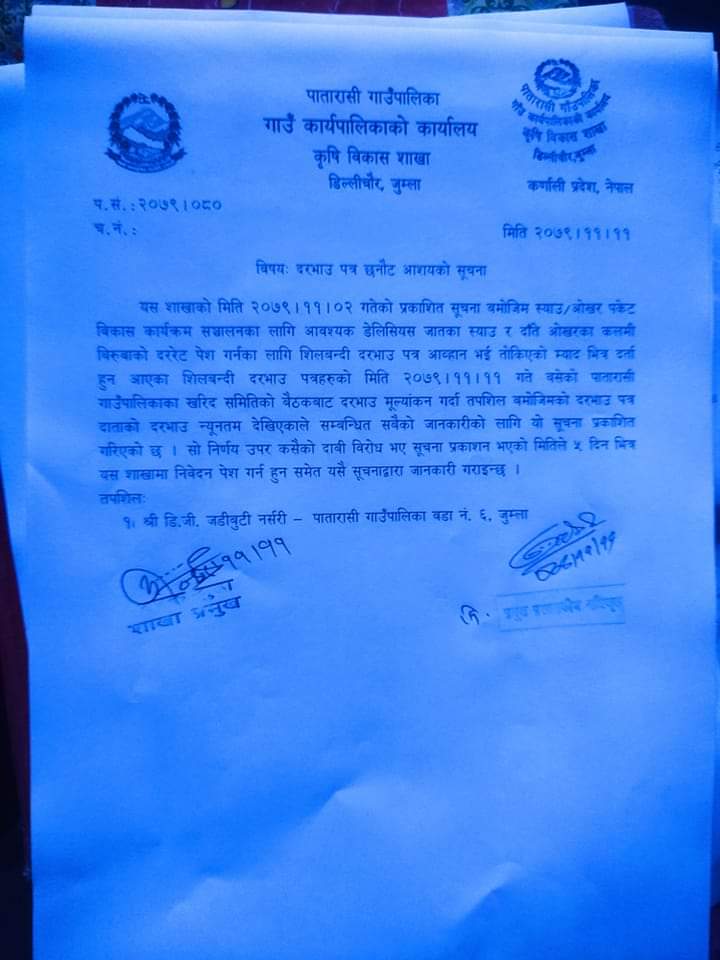 पातारासी गाउँपालिका डिल्लीचौर जुम्लाको सुचना